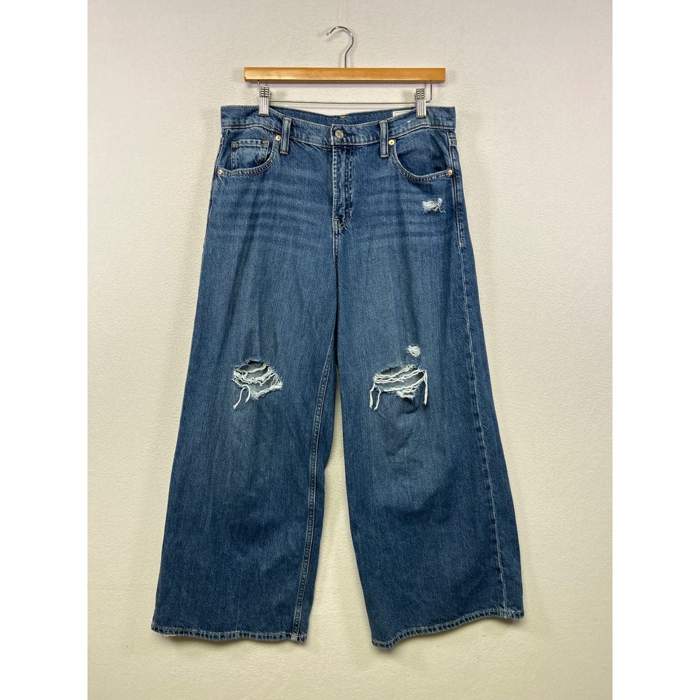 Gap 90s Grunge Y2K Women 29/8R Med Wash Baggy Mid Rise Distressed Wide Leg Jeans